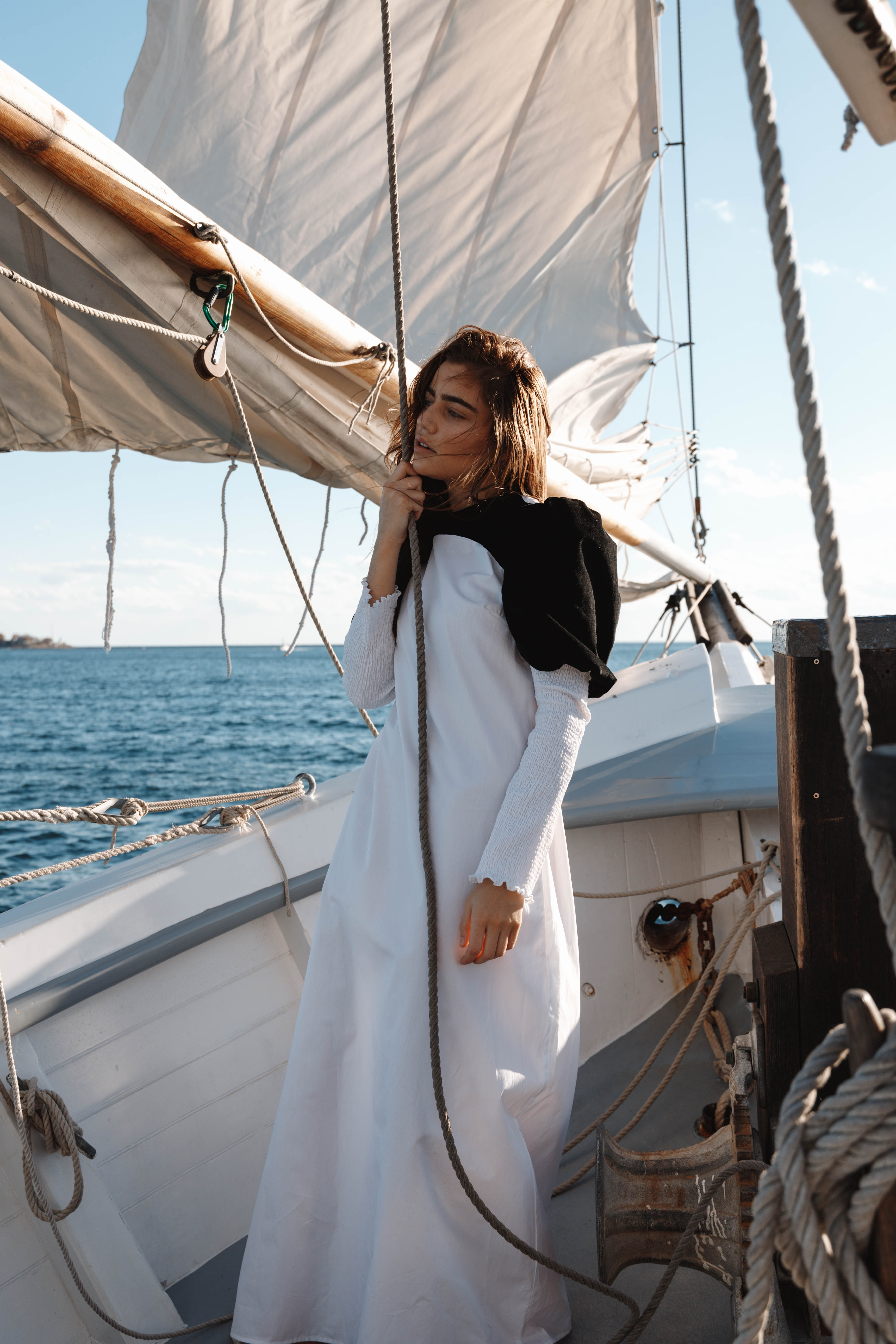 Cotton Puff Sleeve Dress With Smocked Sleeves In Black Velvet White Poplin