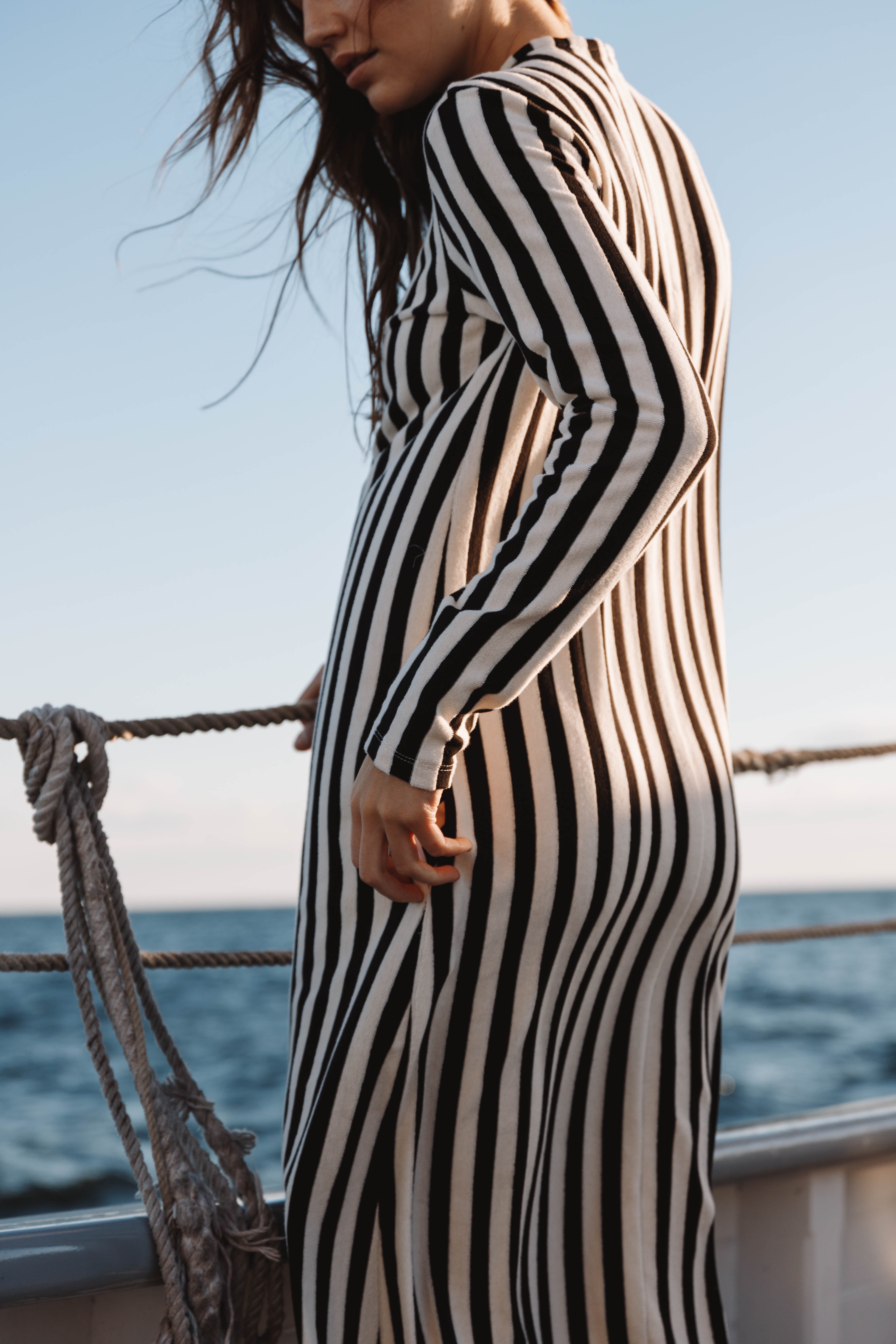 Terry Toweling Jacquard Maxi Dress with Long Sleeves in Black and Cream Stripe L