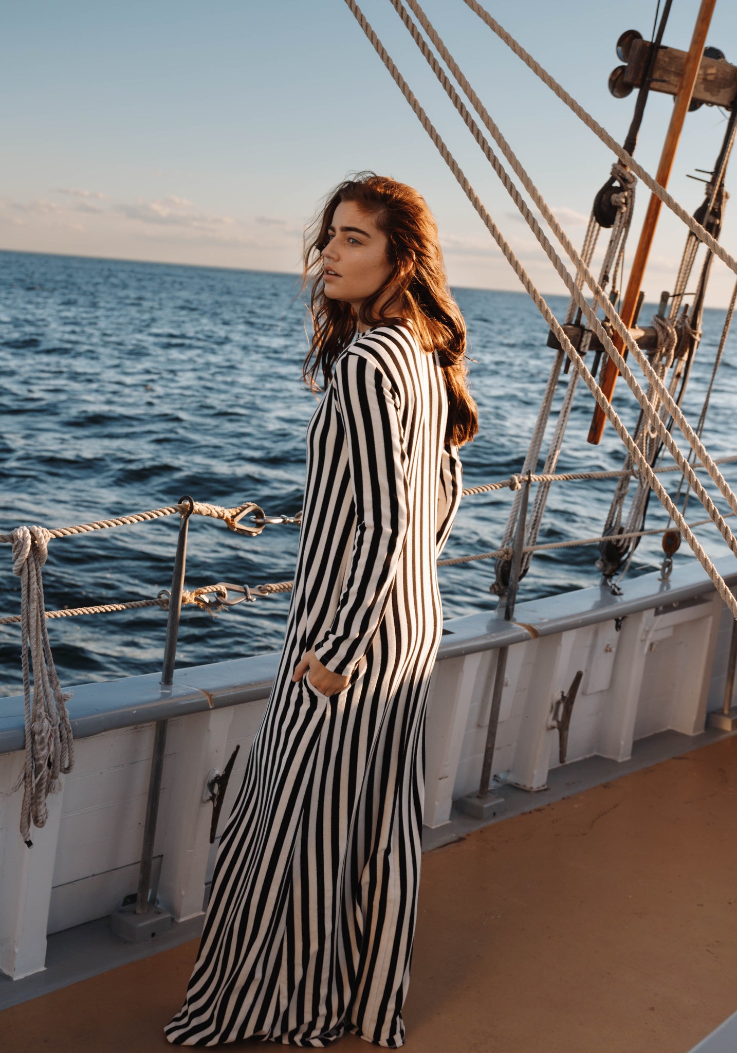 Terry Toweling Jacquard Maxi Dress With Long Sleeves In Black And Cream Stripe AMEERA Terry Toweling Jacquard Maxi Dress With Long Sleeves In Black And Cream Stripe AMEERA