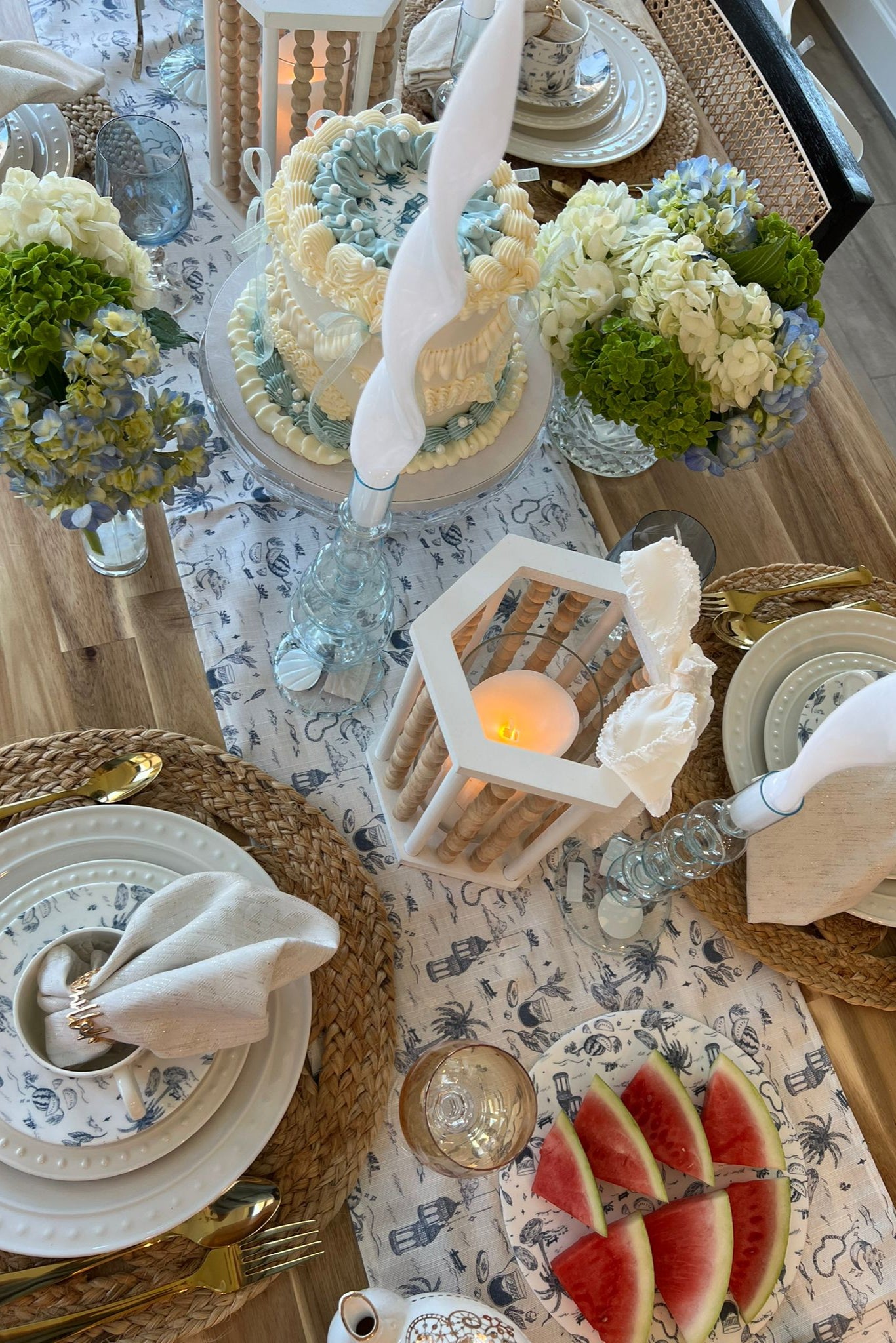 Toile Cotton Linen Table Runner- Blue And White