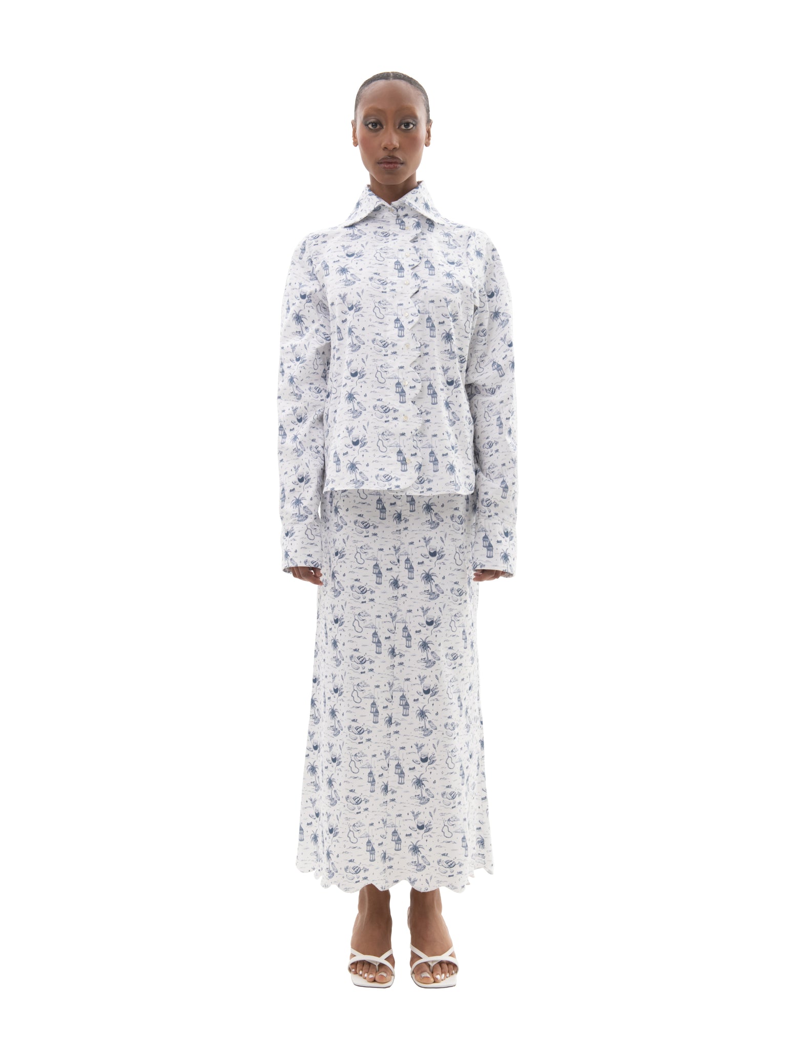 scallop placket and hem toile shirt and skirt set in blue and white