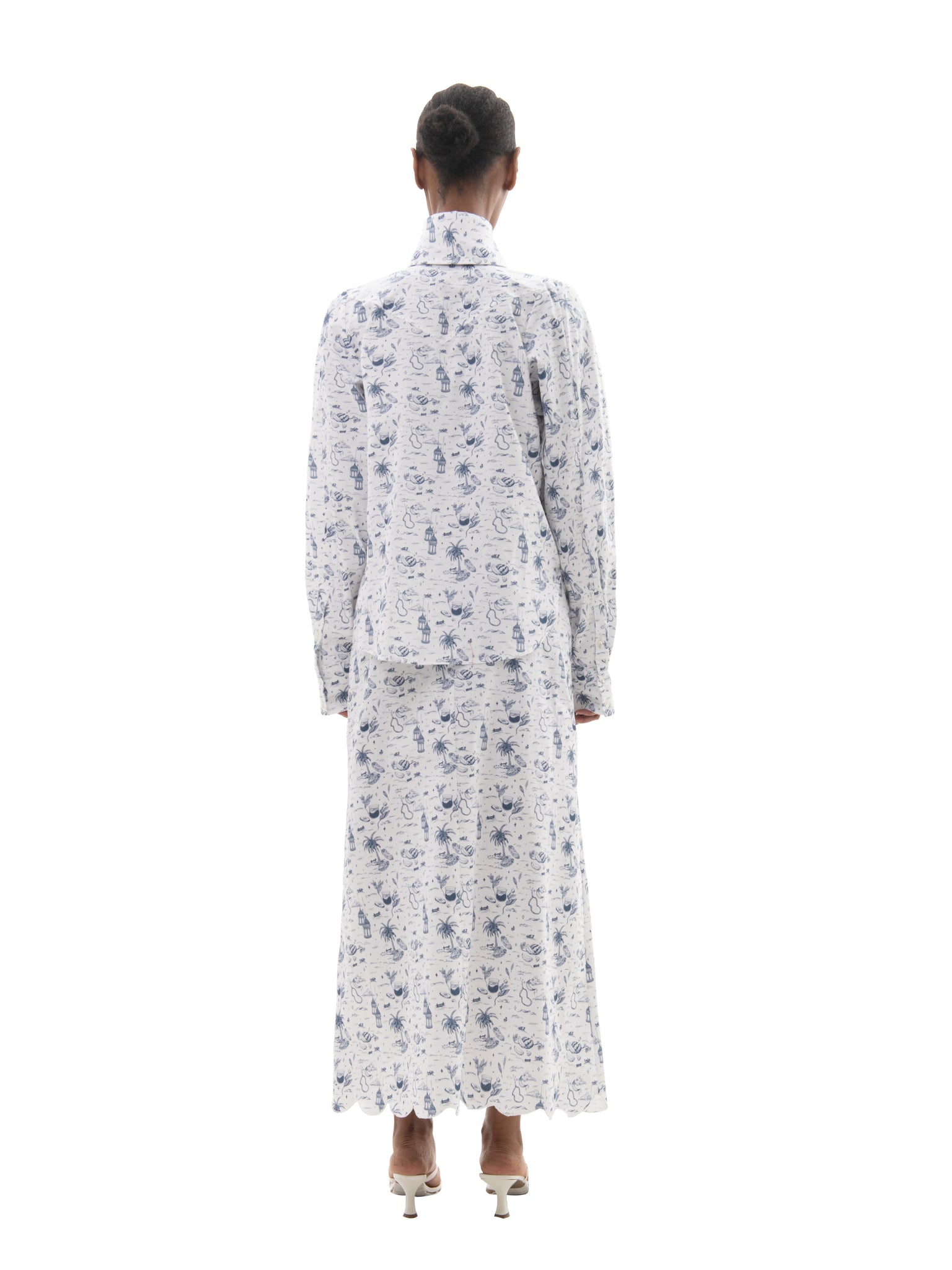 matching shirt and skirt set in blue and white toile print