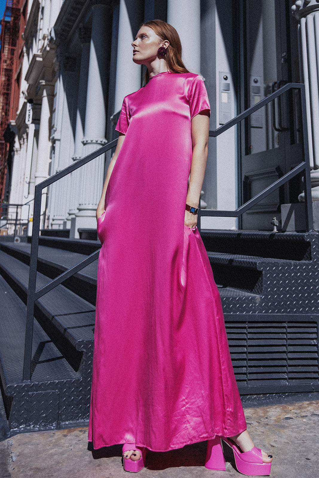 Pink Silk Cap Sleeve Maxi Dress in Washable Silk Charmeuse M
