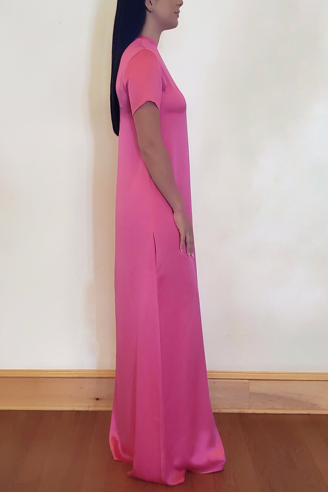 Pink Silk Cap Sleeve Maxi Dress in Washable Silk Charmeuse M