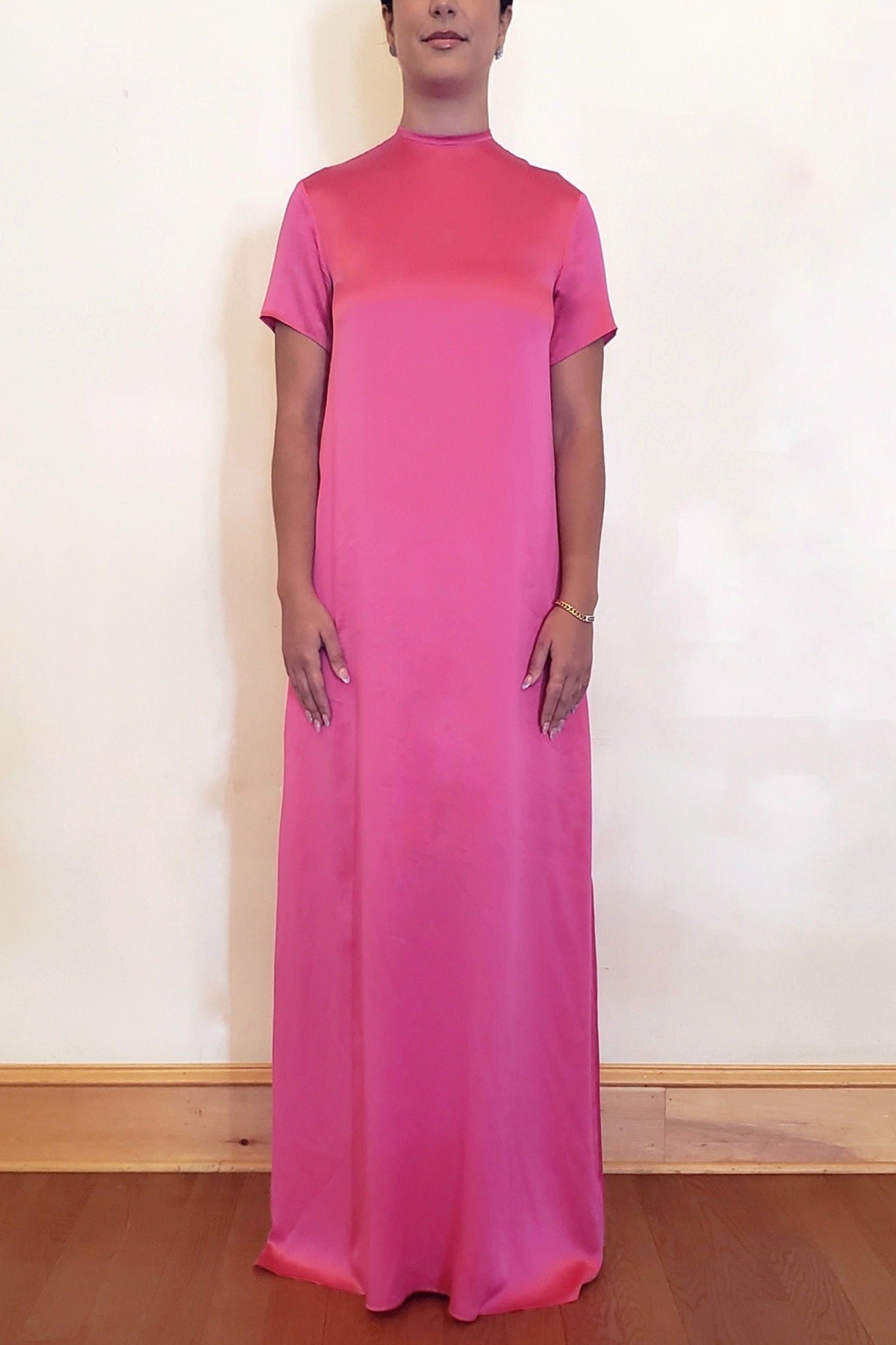 Pink Silk Cap Sleeve Maxi Dress in Washable Silk Charmeuse AMEERA
