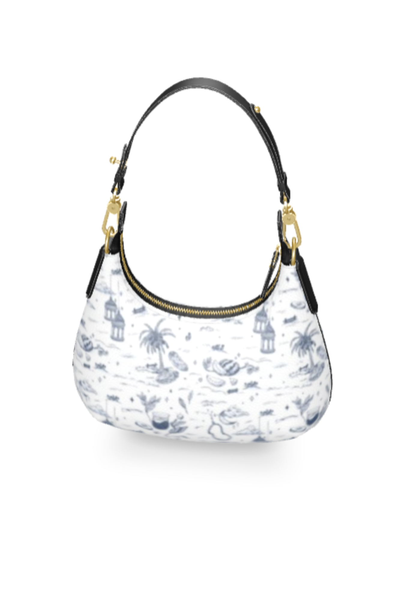 Blue And White Toile Print Leather Baguette Purse